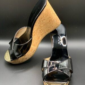 Jimmy Choo Black Patent Cork Wedge Sandals Slides Mules 37.5 narrow